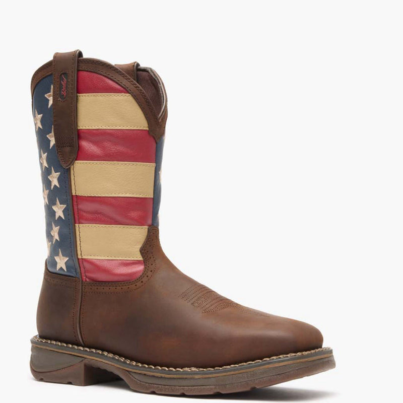 Front view of Durango Workin' Rebel work boots with American flag shaft design