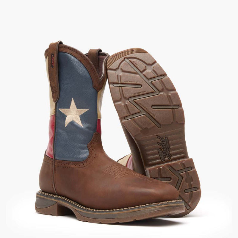 Front pair view of Durango Workin' Rebel Texas flag work boots with outsole showing