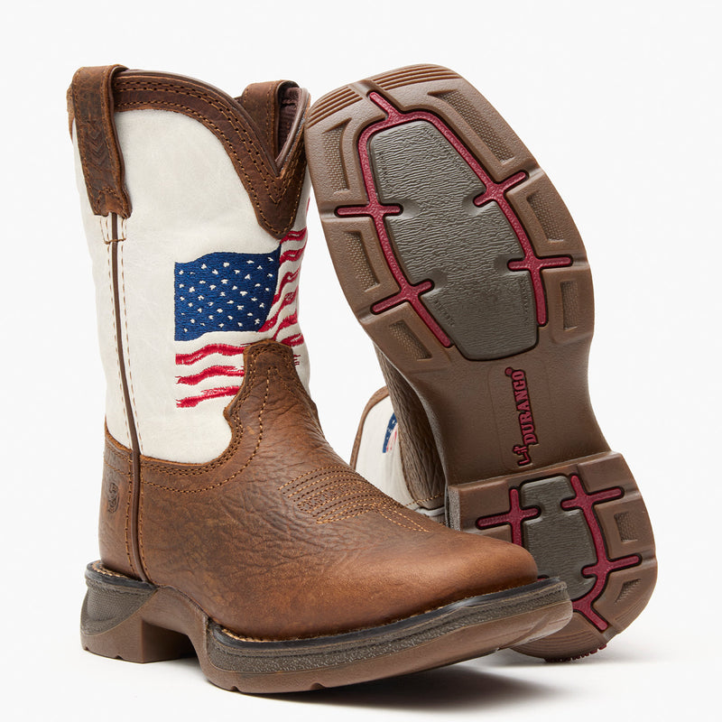 Brown and white kids western boot with American flag design on a grey background