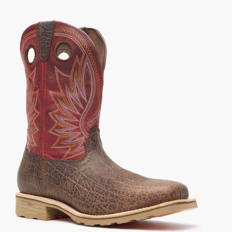 Front view of Durango Maverick Pro work boots with elephant embossed brown leather and red shaft design