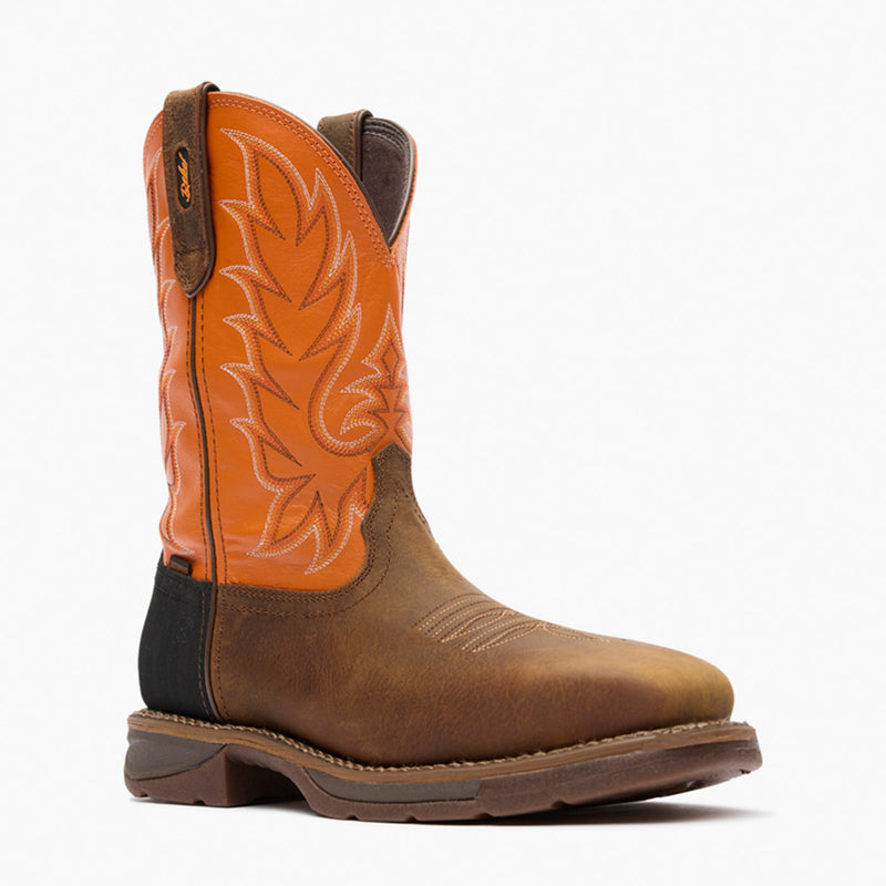Front view of Durango Workin' Rebel brown and orange square toe work boot