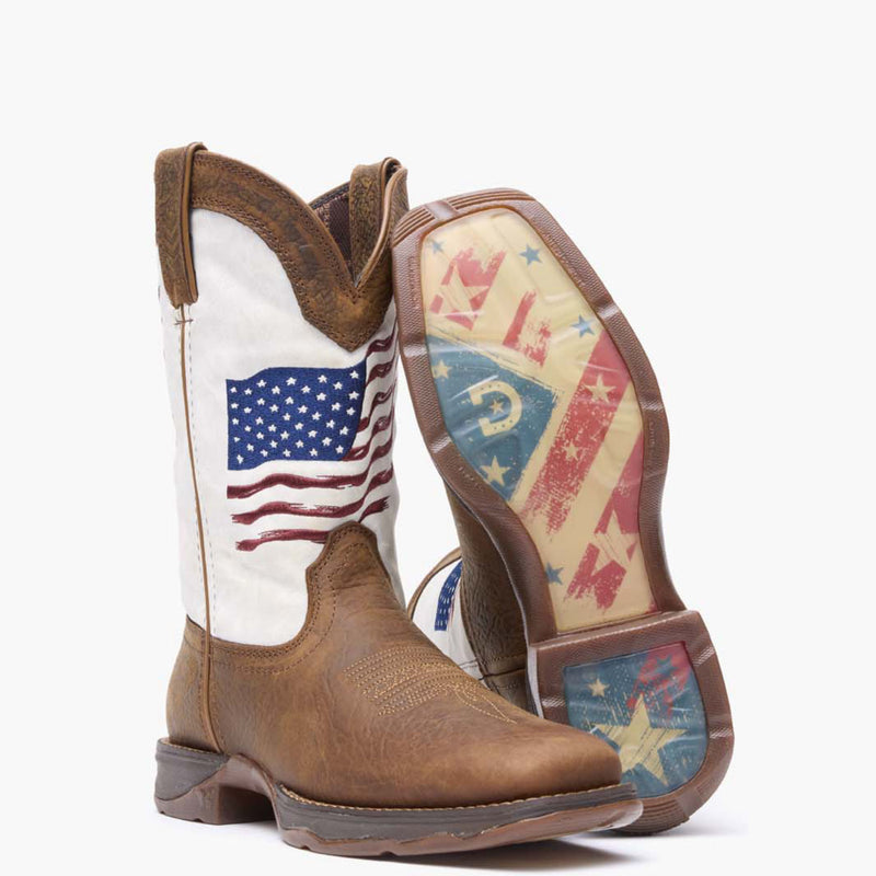 Front pair view of Durango Lady Rebel brown and white western boot with embroidered flag shaft and outsole showing