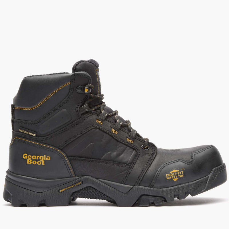 Black hiking boot with yellow accents on a white background