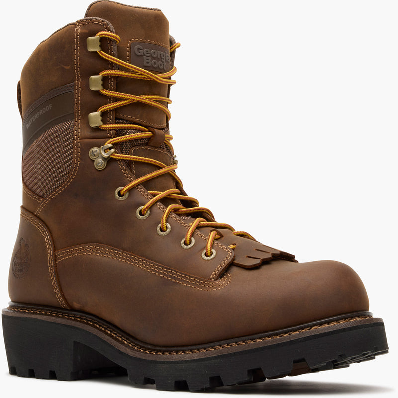 Brown work boot with yellow laces on a white background