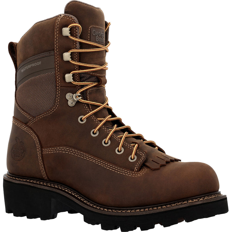 Brown hiking boot with laces on a white background