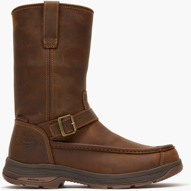 Brown leather boot with a buckle on a white background