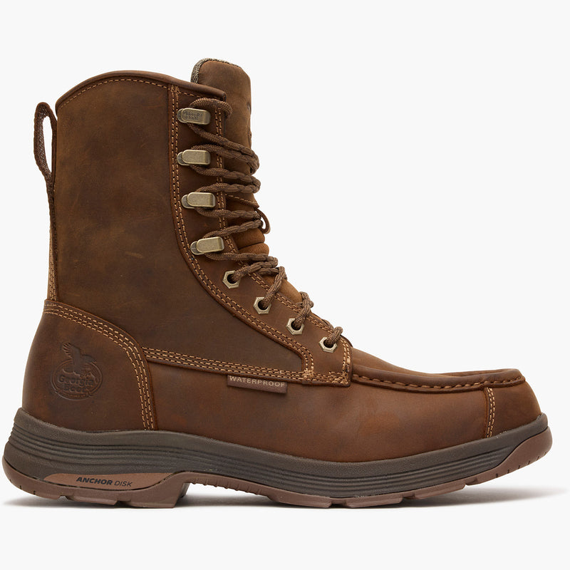 Brown leather boot with laces on a white background