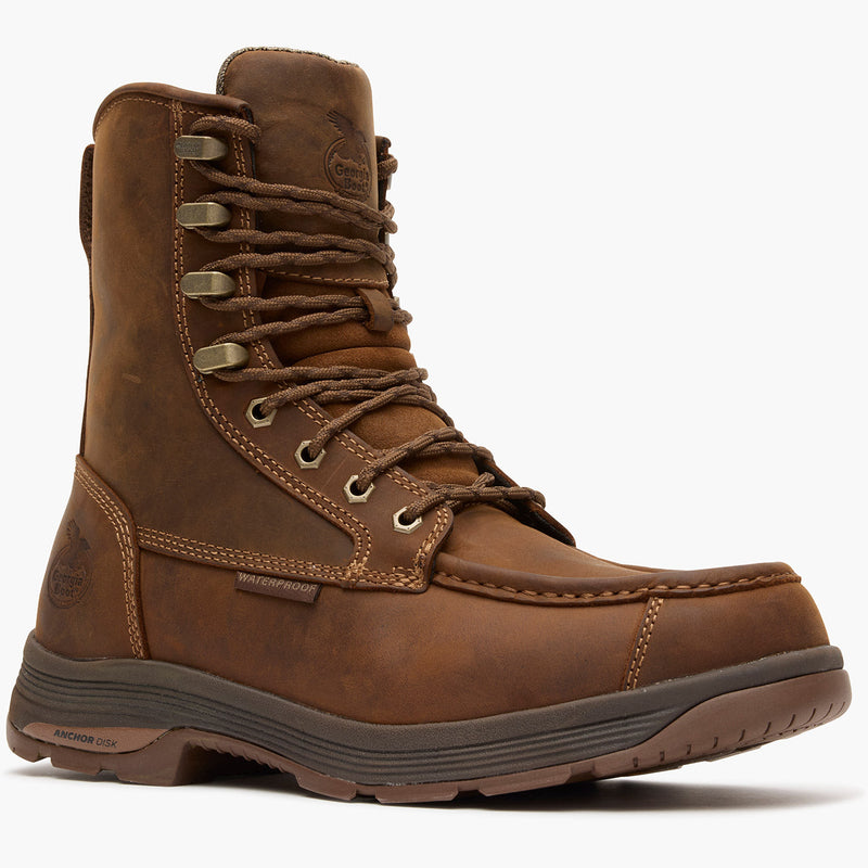 Brown leather boot with laces on a white background