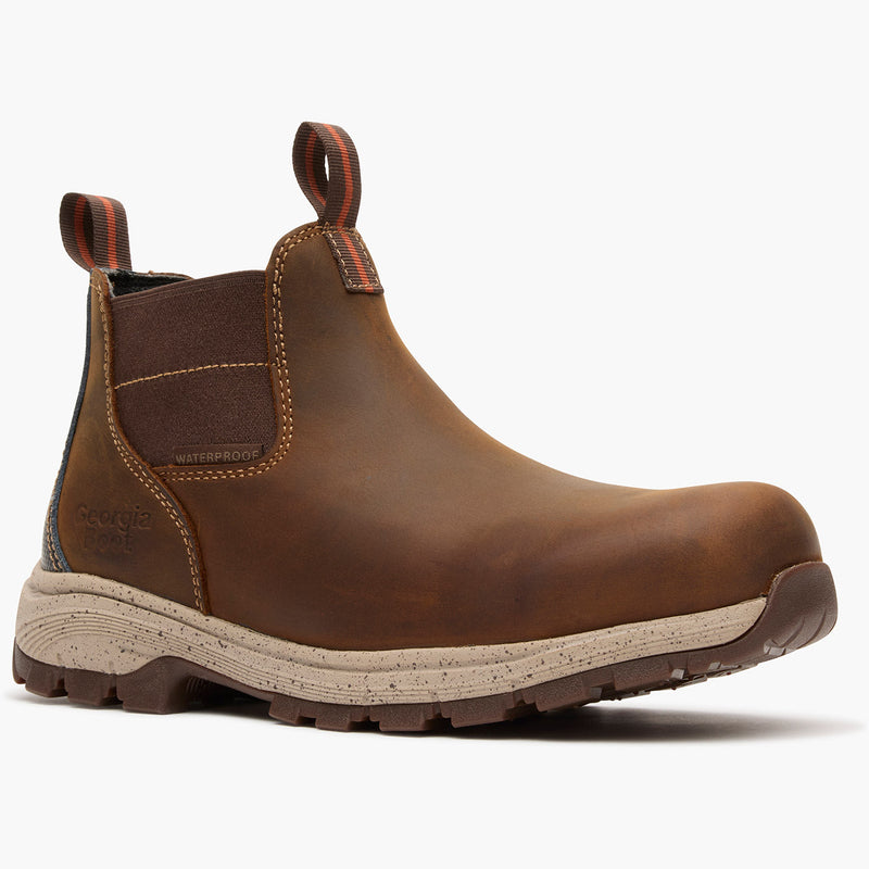 Brown leather boot with a white sole on a white background