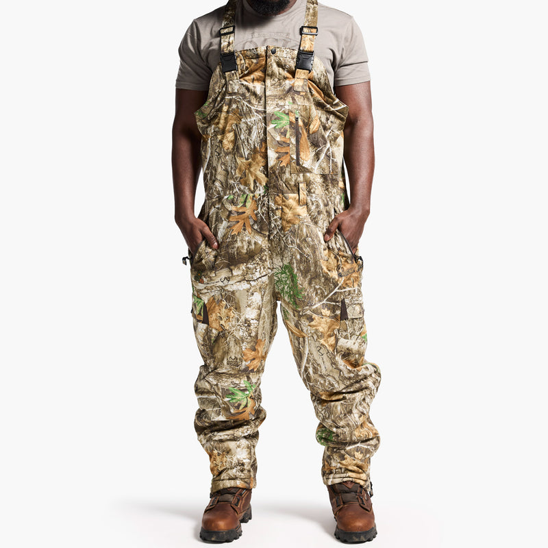 Person wearing camouflage overalls on a white background