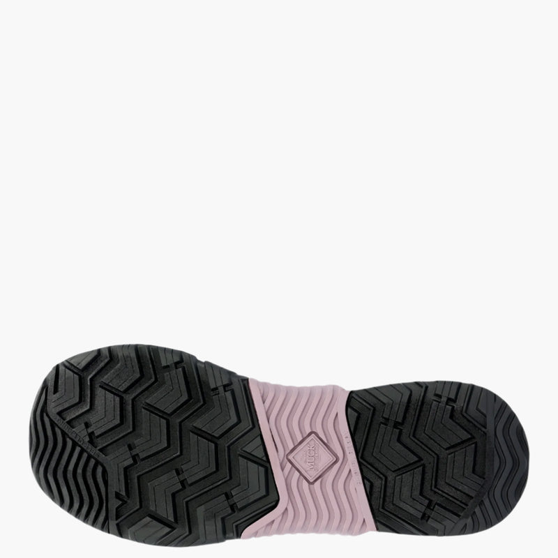 Close-up of a shoe sole with black tread pattern and pink mid-sole on a white background