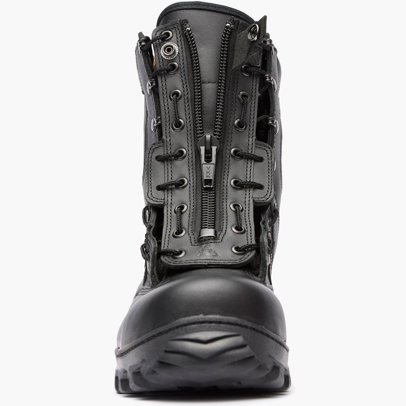 Black tactical boot with multiple zippers on a white background
