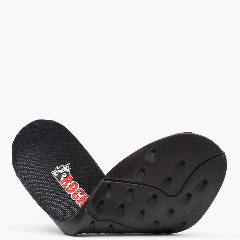 Black motorcycle seat cover with 'The Rock' branding on a white background