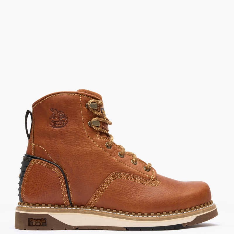 Brown leather boot with visible brand logo on a white background