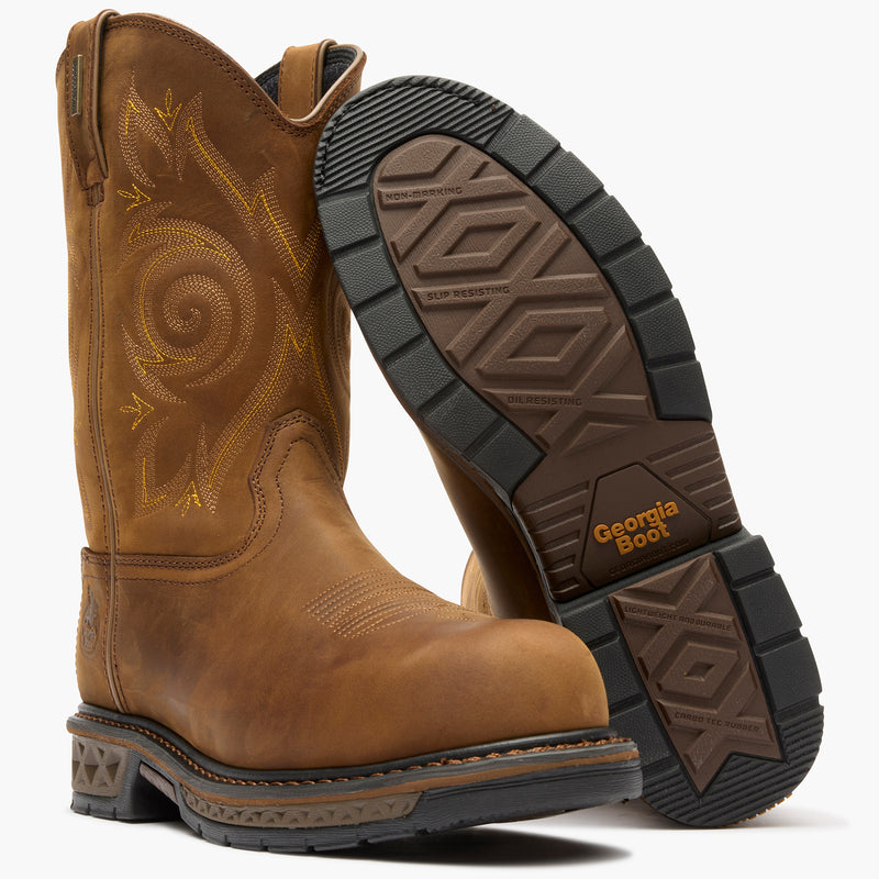 Brown boot with detailed stitching and black sole on a white background