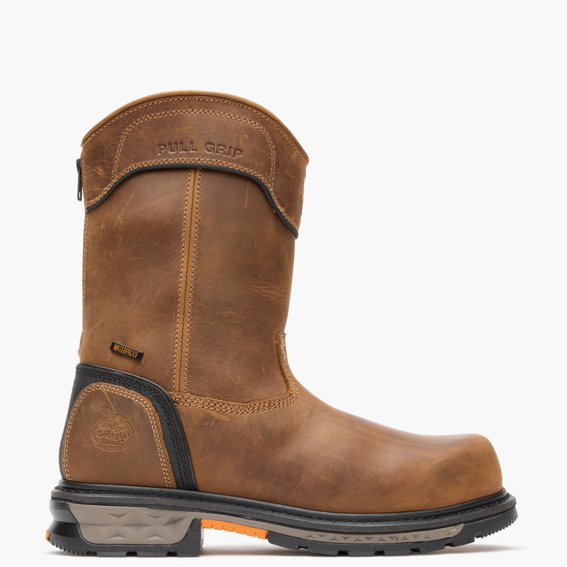 Brown work boot with 'Pull Grip' feature on a white background