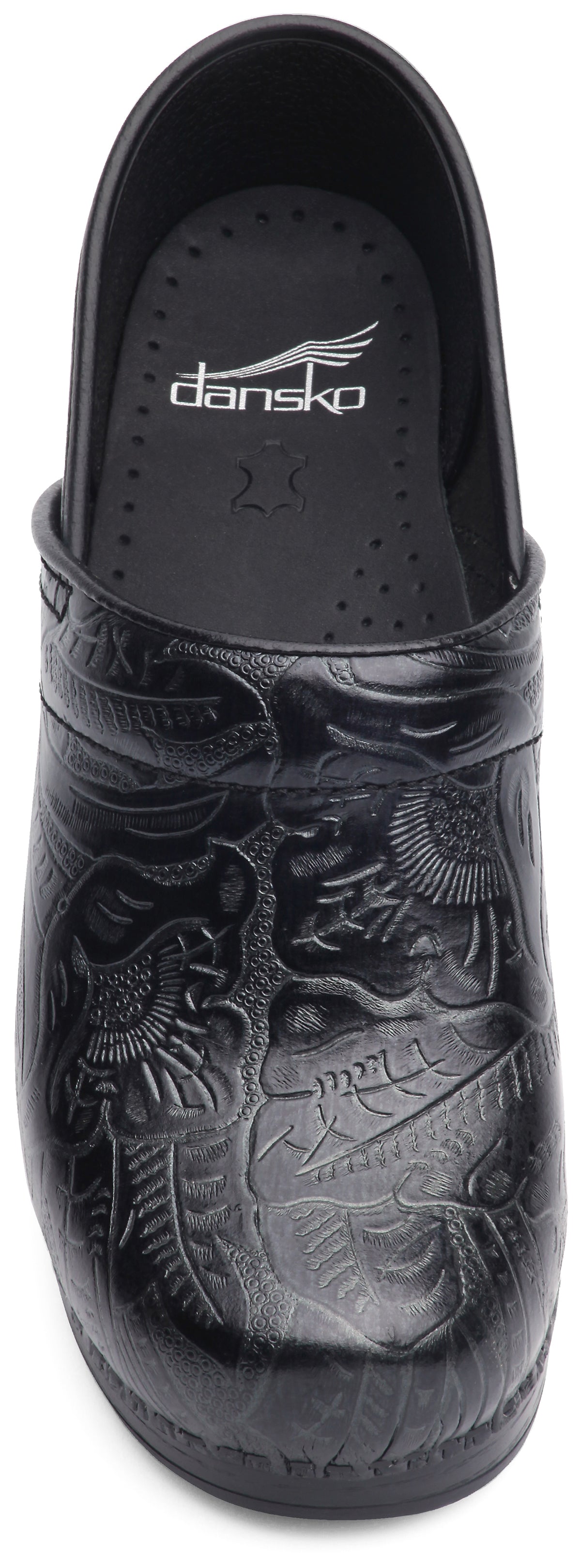 Dansko Professional Women's Black Tooled Leather Work Clog - birdseye