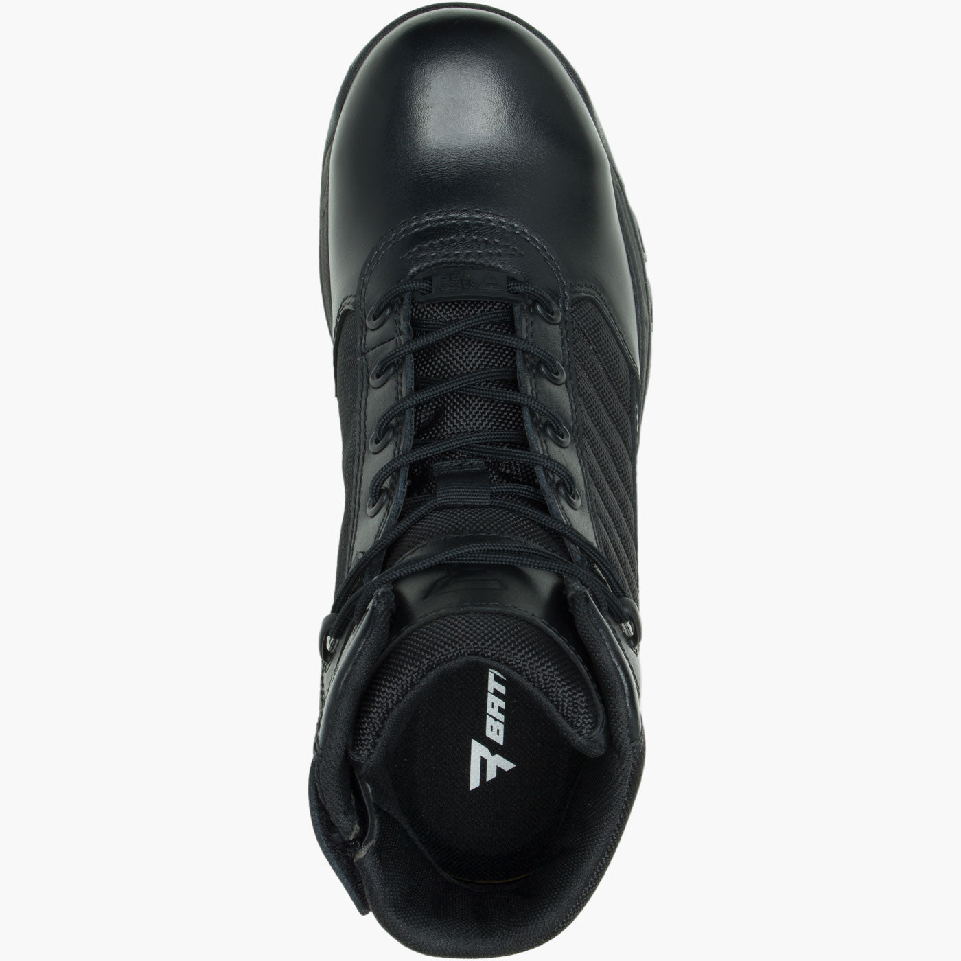 Black high-top sneaker with a brand logo on a white background