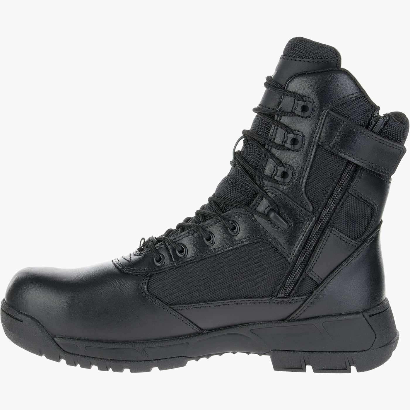 Black tactical boot on a white background
