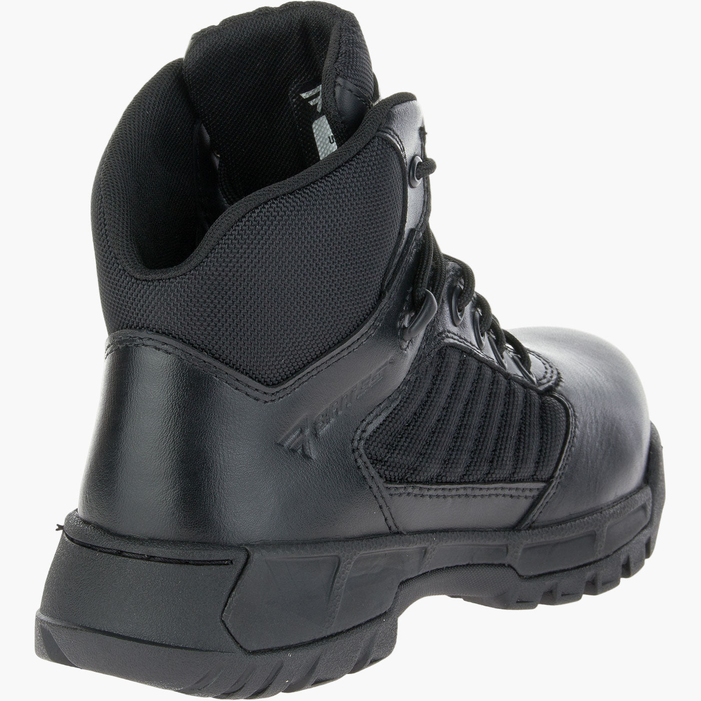 Black tactical boot on a white background
