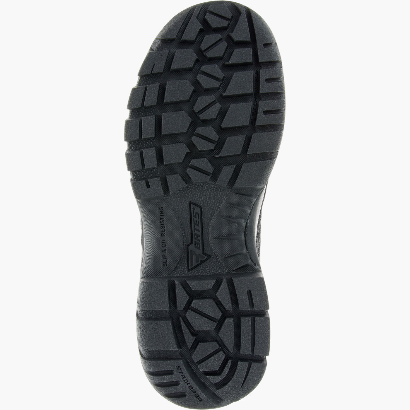 Close-up of a black shoe sole with tread pattern on a white background