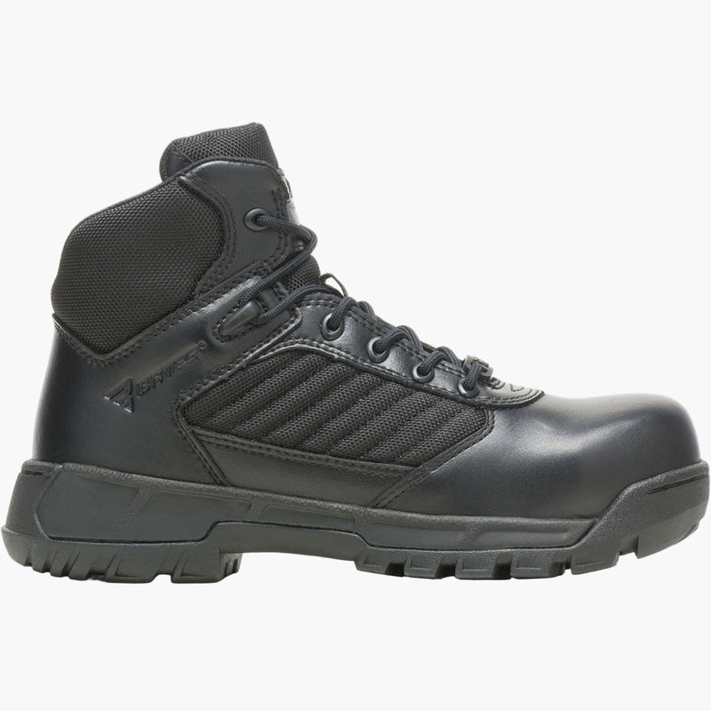 Black high-top boot with a rugged sole on a white background