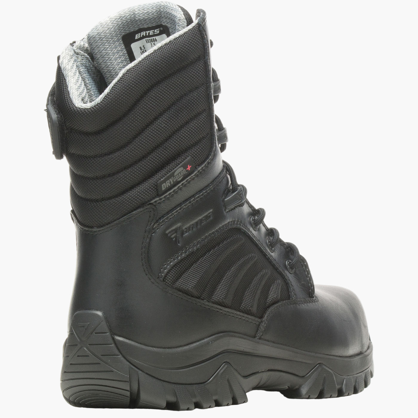 Black tactical boot with visible branding on a white background