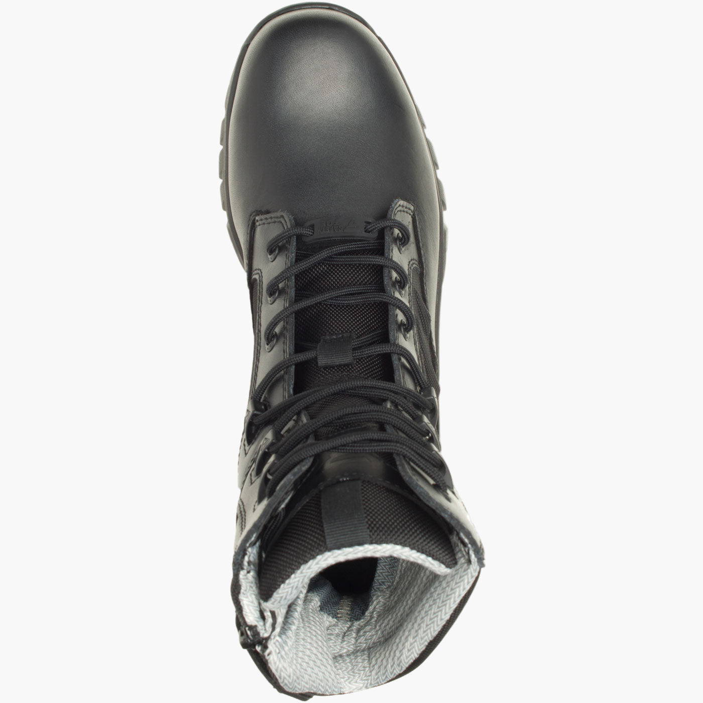 Black boot with white sole on a white background