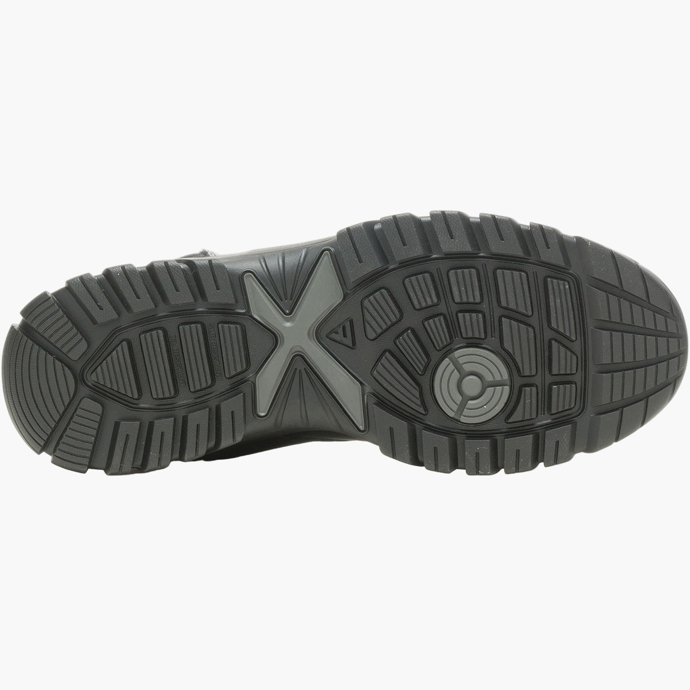 Black athletic shoe sole with brand logo on a white background