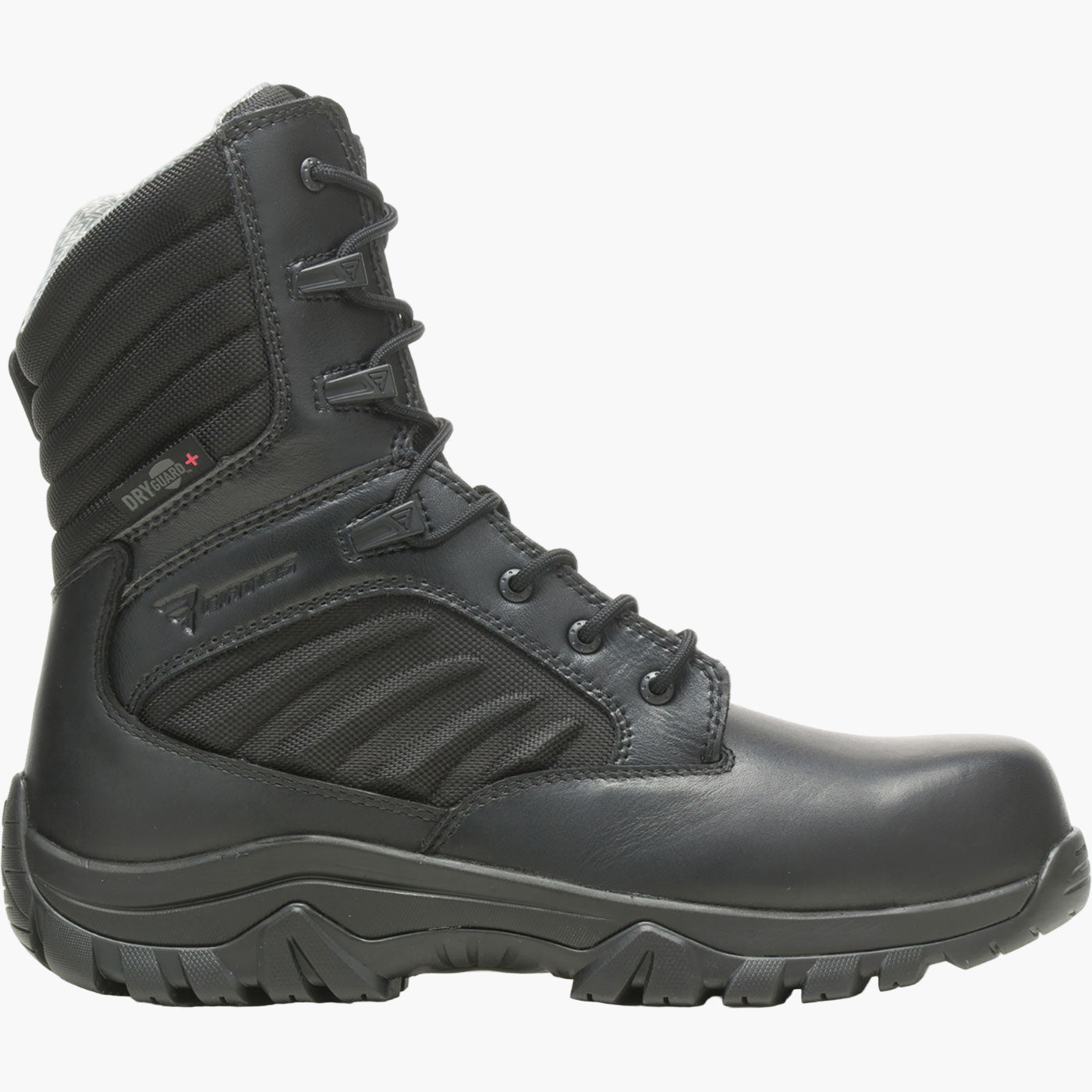 Black tactical boot on a white background