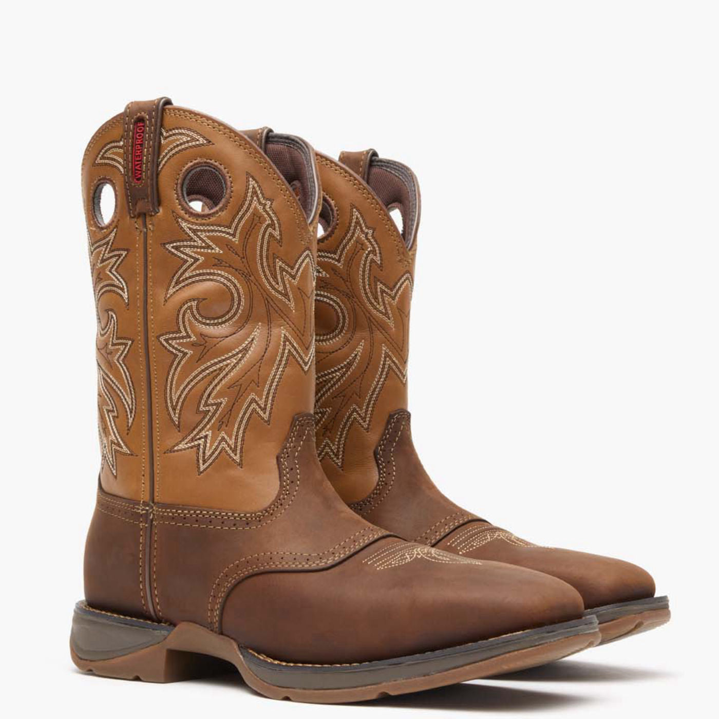 Front pair view of Durango Rebel Work brown western boots