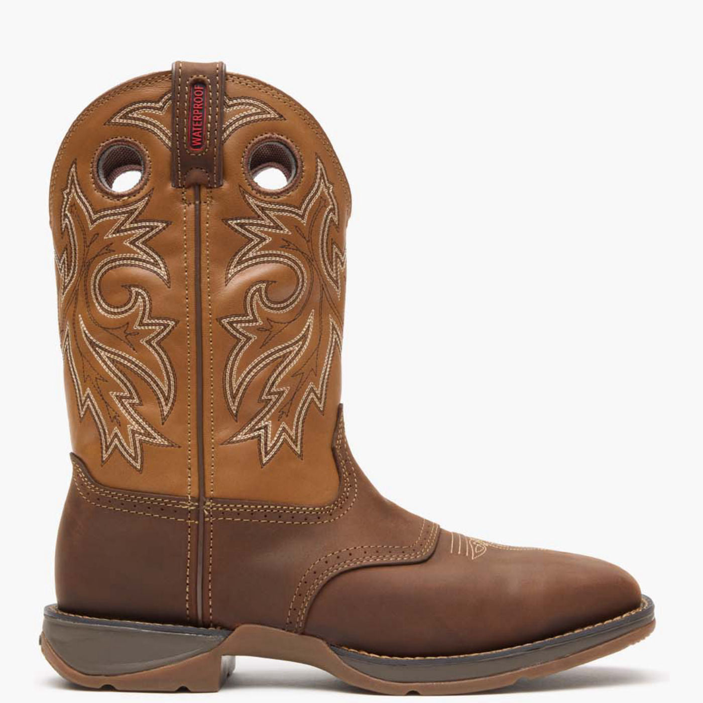 Outer side view of Durango Rebel Work brown western boot