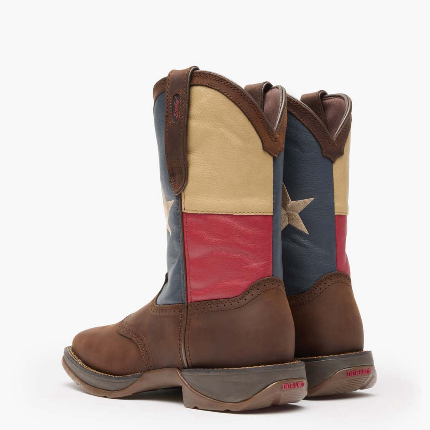 Back pair view of Durango Rebel Work brown western boot with Texas flag shaft design