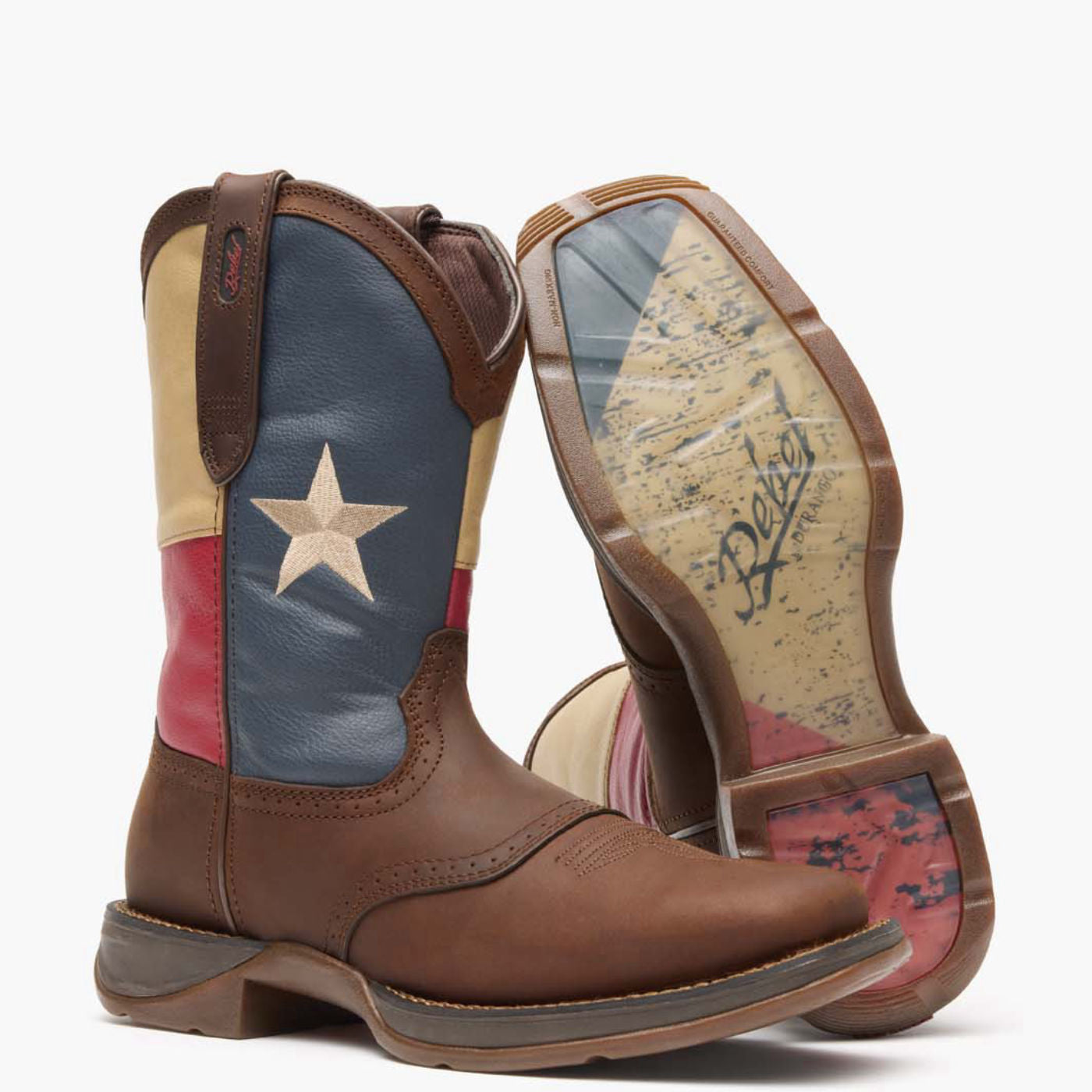 Front pair view of Durango Rebel Work brown western boot with Texas flag shaft design and outsole showing