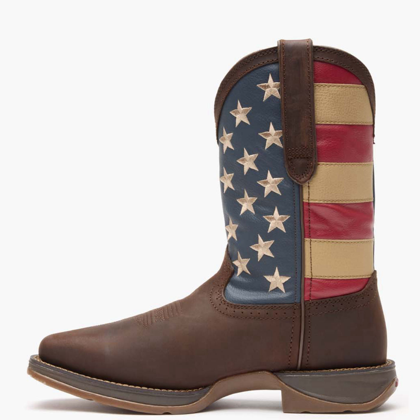 Inner side view of a pair of Durango Rebel™ USA Flag square toe western boots