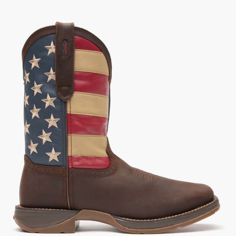 Outer side view of a pair of Durango Rebel™ USA Flag square toe western boots