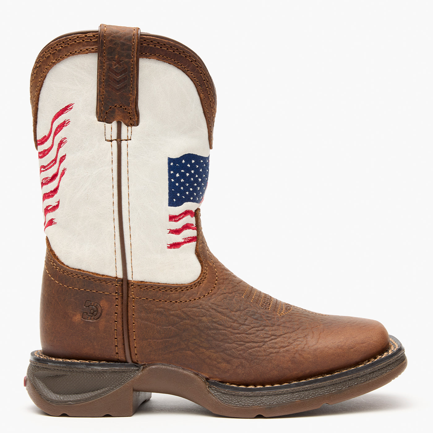 Brown and white kids western boot with American flag design on a grey background