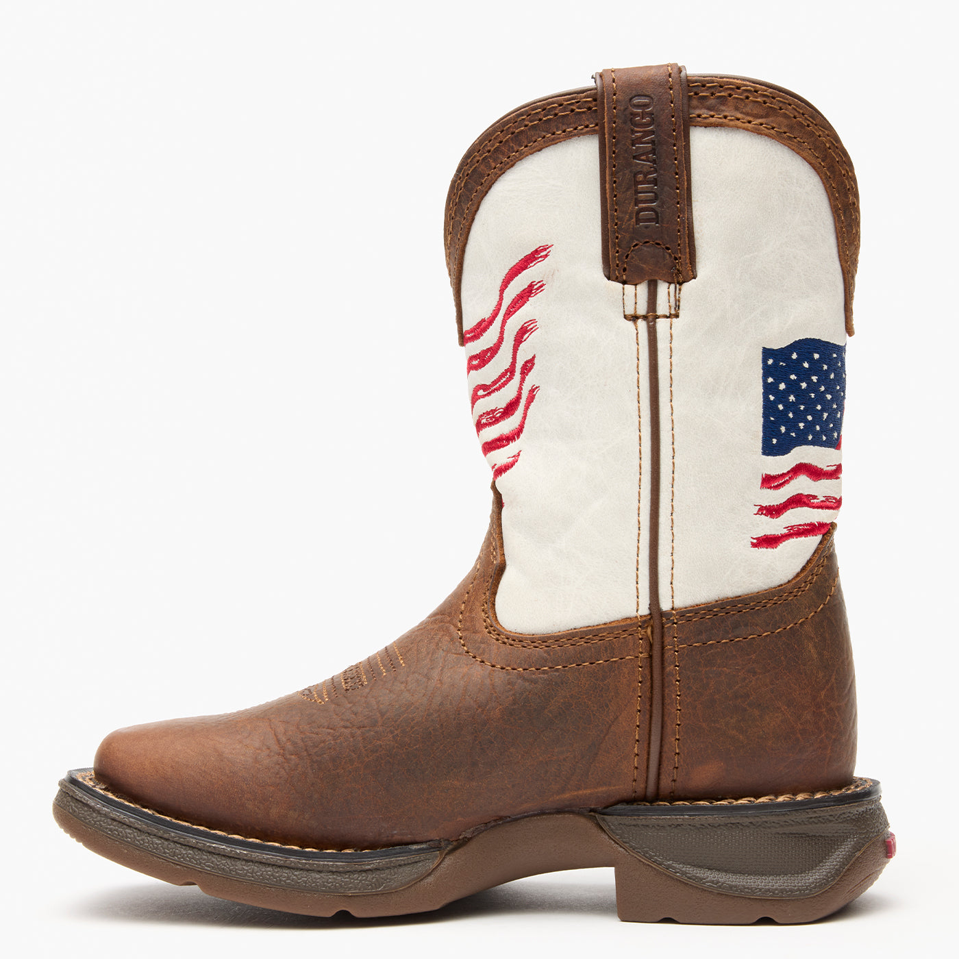 Brown and white kids western boot with American flag design on a grey background