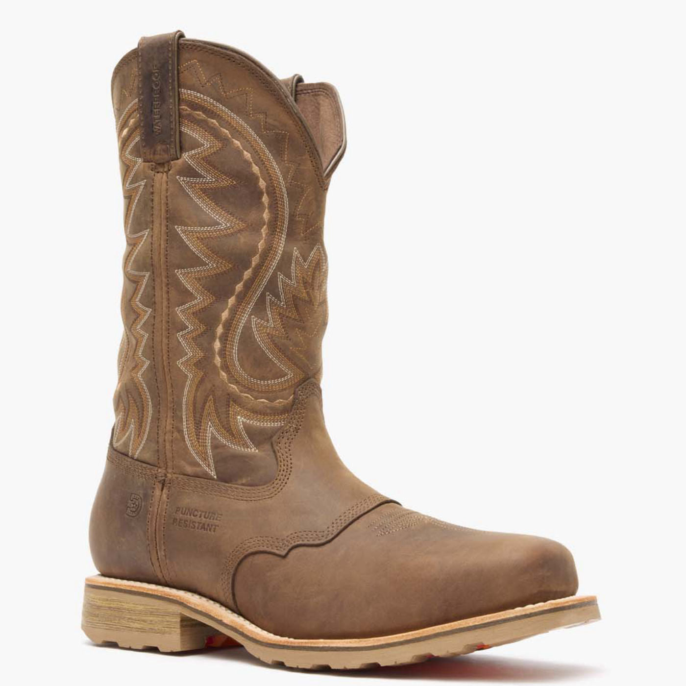 Front view of Durango Maverick Pro brown square toe work boot with puncture resistant emboss