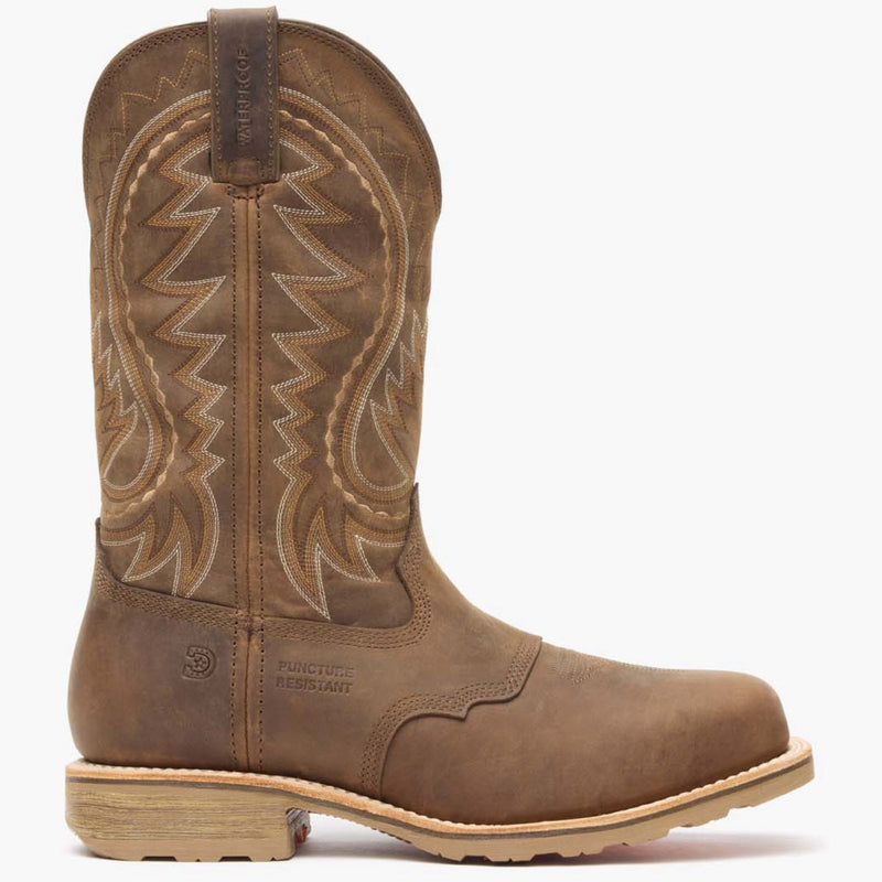 Outer side view of Durango Maverick Pro brown square toe work boot with puncture resistant emboss