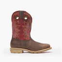 Outer side view of Durango Maverick Pro work boots with elephant embossed brown leather and red shaft design