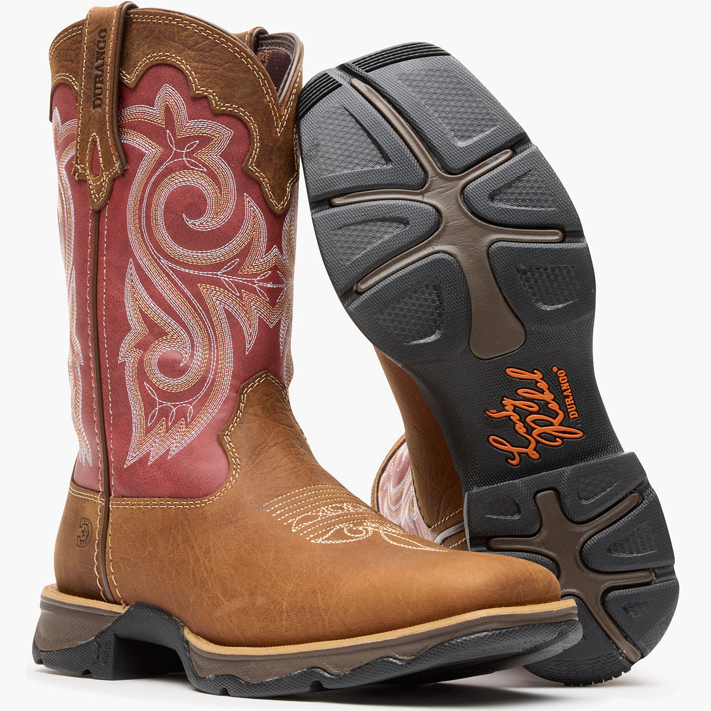 Front pair view of Durango Lady Rebel brown and red western boots with outsole showing