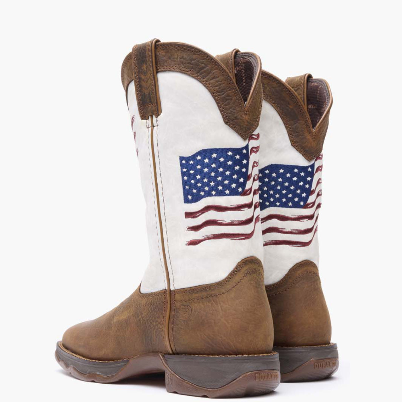 Back pair view of Durango Lady Rebel brown and white western boots with embroidered flag shaft