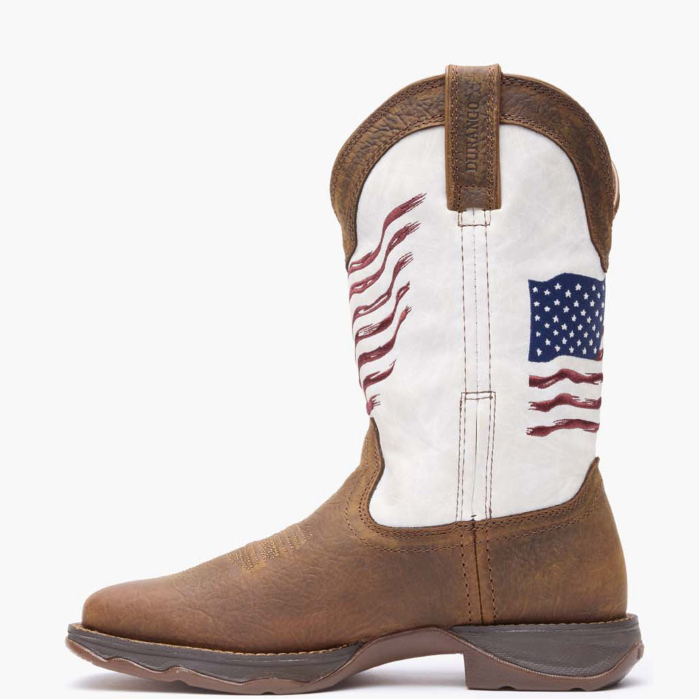 Inner side view of Durango Lady Rebel brown and white western boot with embroidered flag shaft