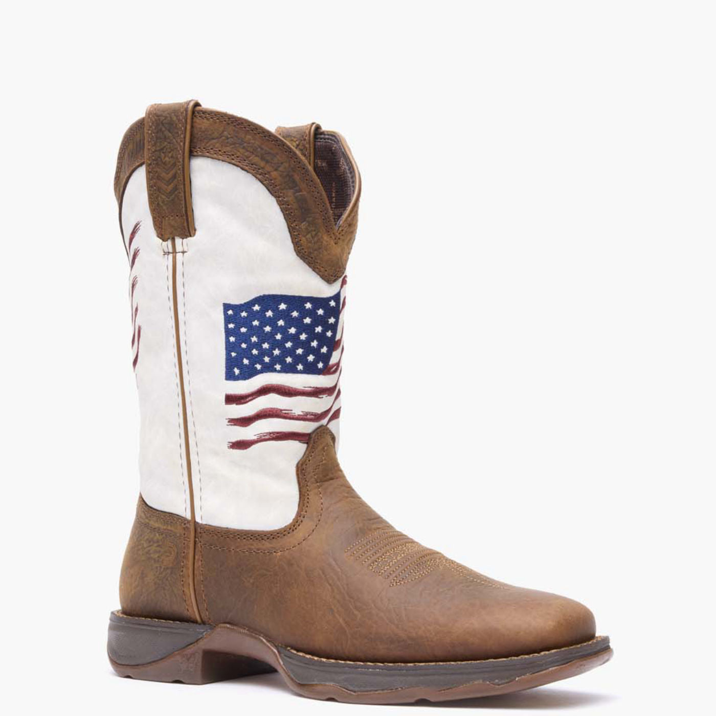 Front view of Durango Lady Rebel brown and white western boot with embroidered flag shaft
