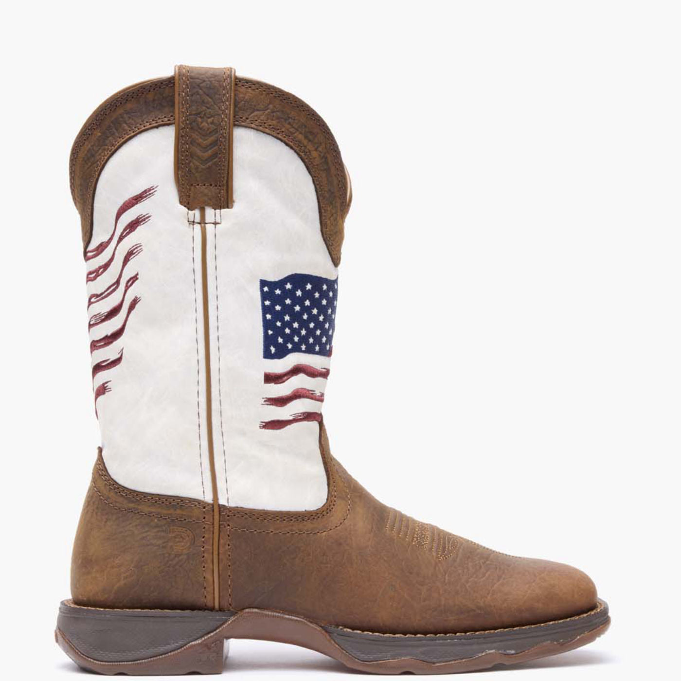Outer side view of Durango Lady Rebel brown and white western boot with embroidered flag shaft