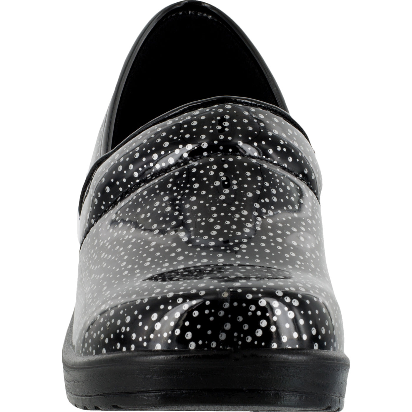 Easy WORKS by Easy Street Lyndee Black Raindrops Women's Slip-Resistant Patent Slip-On Work Shoe - front