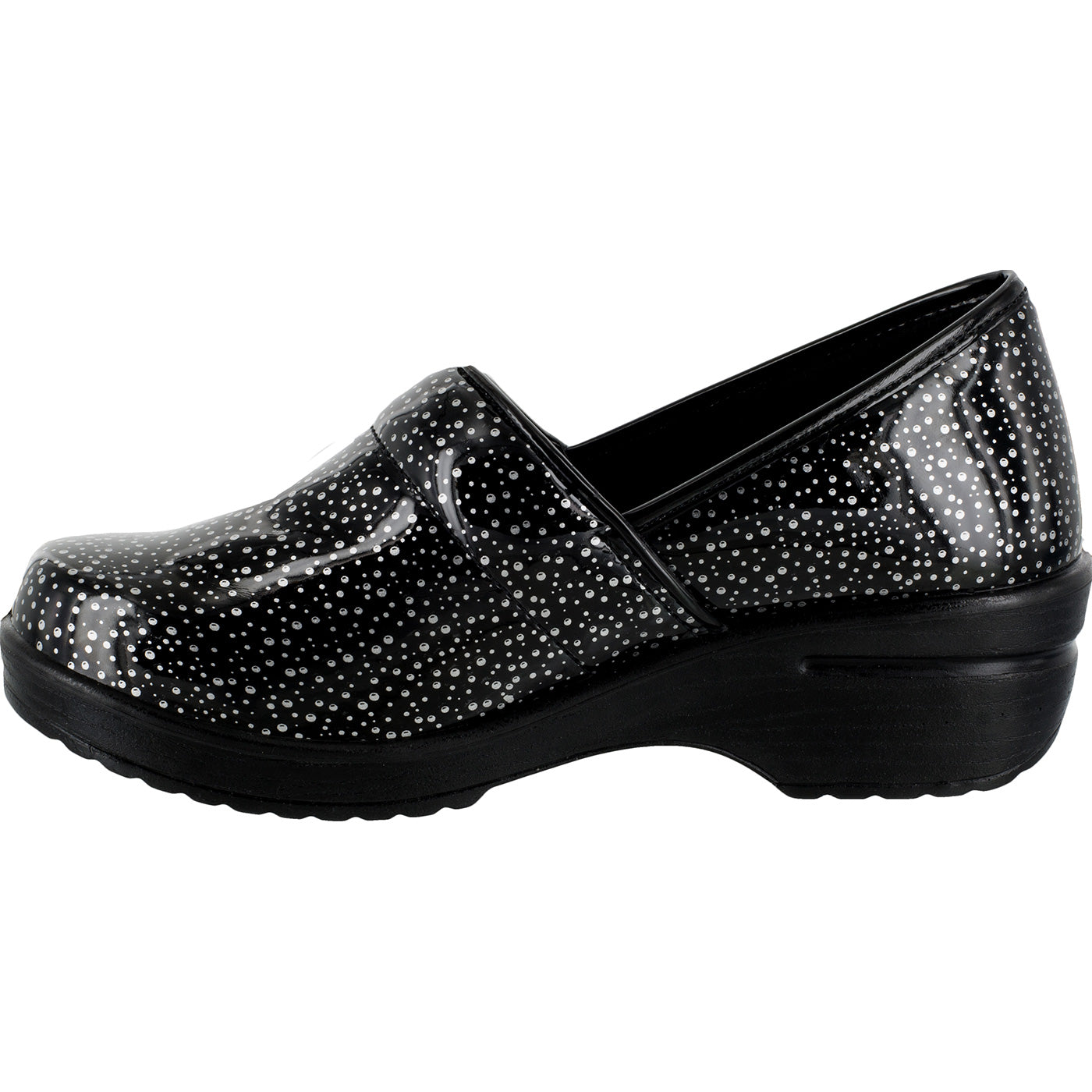 Easy WORKS by Easy Street Lyndee Black Raindrops Women's Slip-Resistant Patent Slip-On Work Shoe - profile