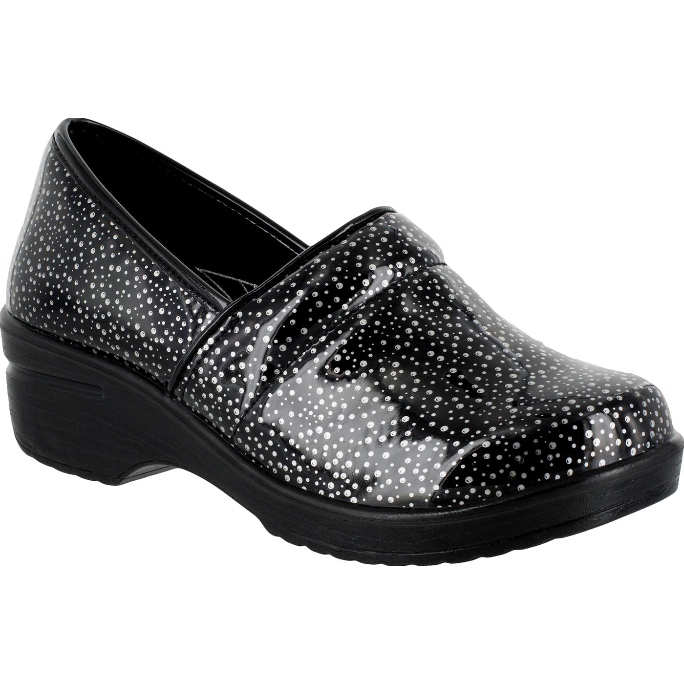 Easy WORKS by Easy Street Lyndee Black Raindrops Women's Slip-Resistant Patent Slip-On Work Shoe - main