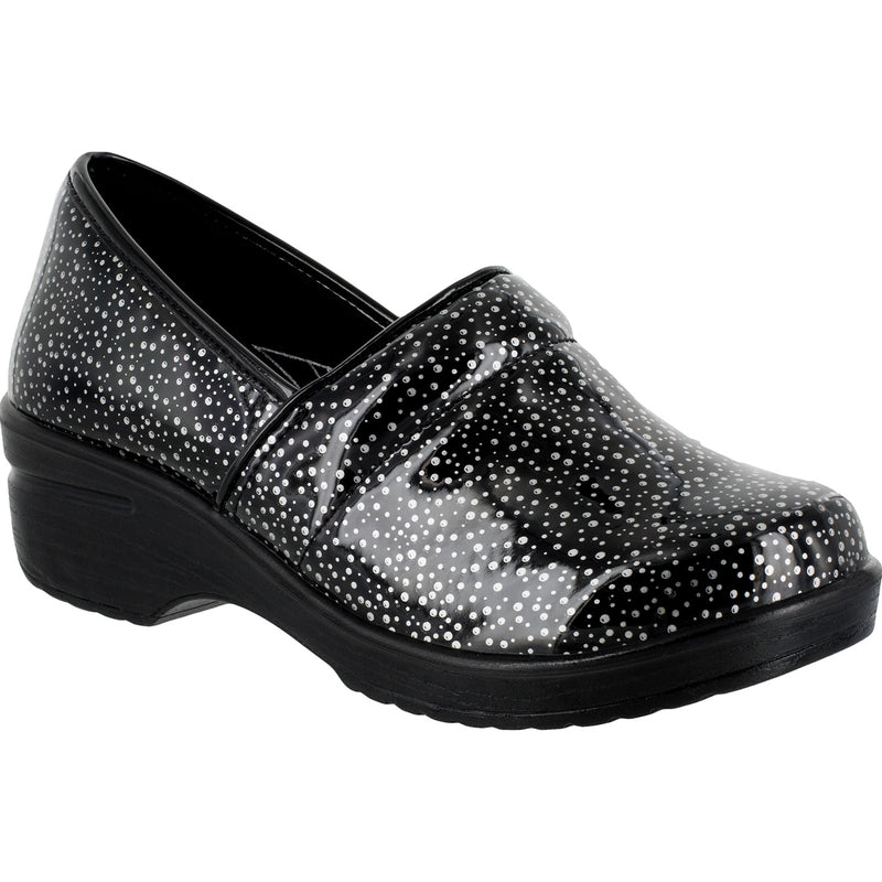 Easy WORKS by Easy Street Lyndee Black Raindrops Women's Slip-Resistant Patent Slip-On Work Shoe - main